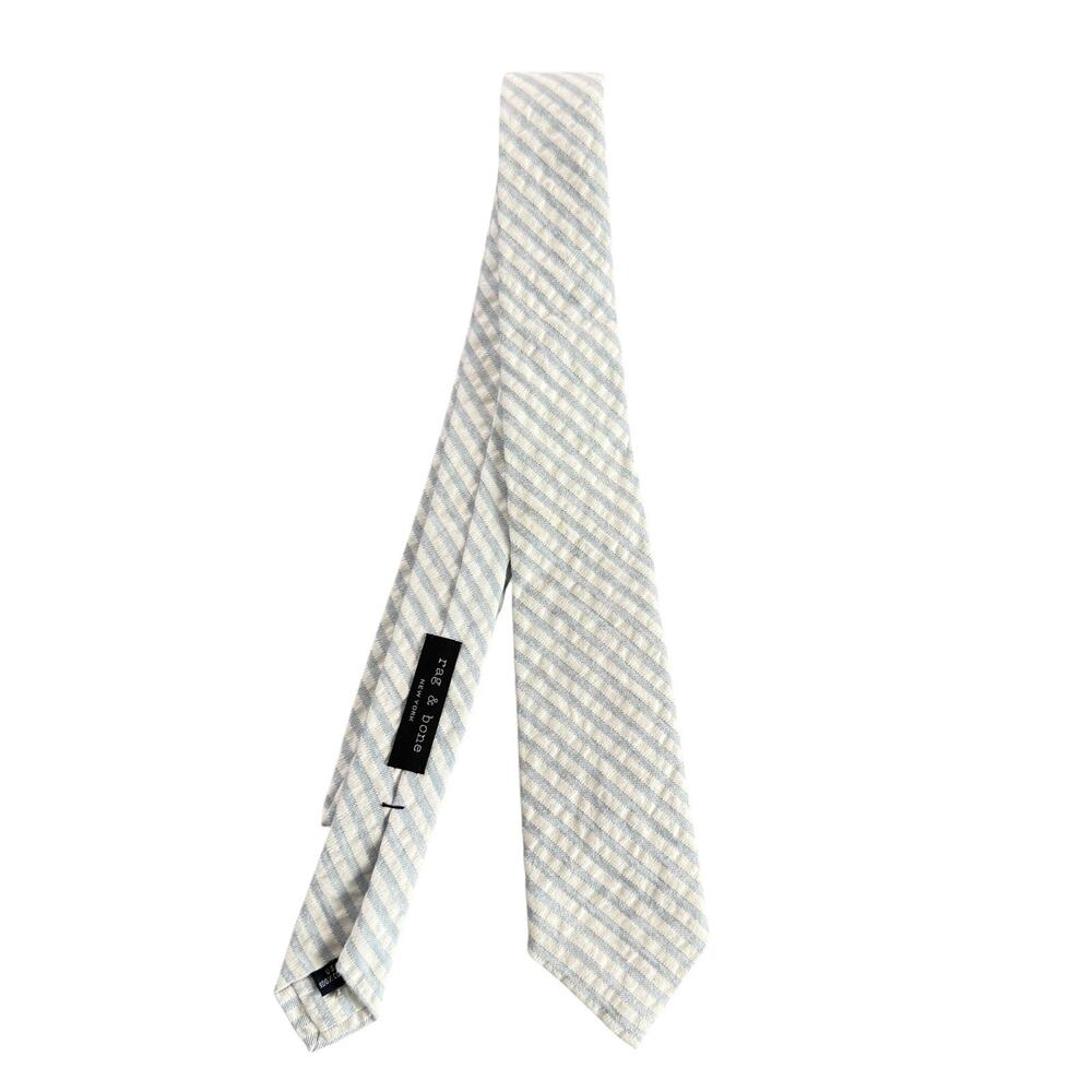 Rag & Bone Seersucker Slim Tie Blue White Stripe Cotton Preppy Handmade USA